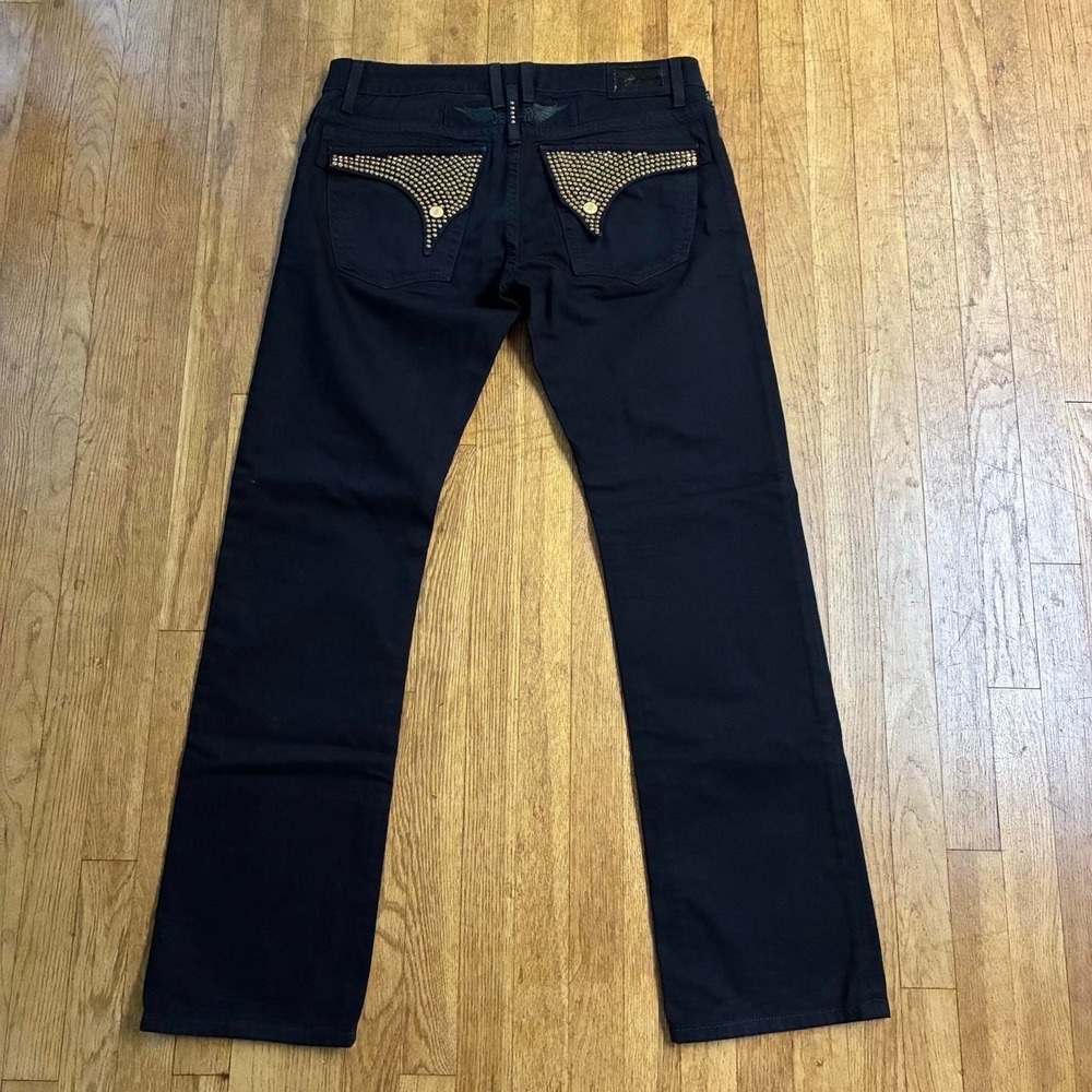 Robins Jean Pure Black Full Gold Studs Straight Leg Denim 36x34 Made in USA